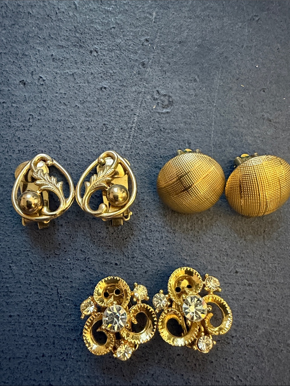 Vintage Gold Tone Clip On Earrings,Set of 3